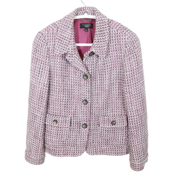 TALBOTS Tweed Wool Blend Button Up Hip Pocket Jacket Size 8p Purple Gray White - Picture 1 of 7